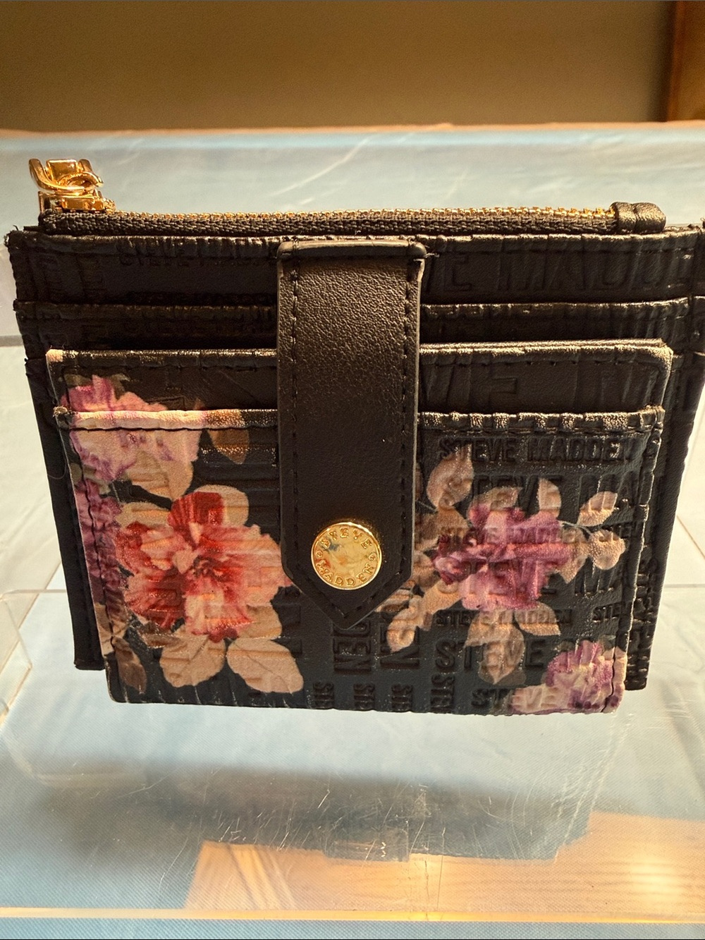 Steve Madden Black Floral Card Case with Gold Hardware NWOT
